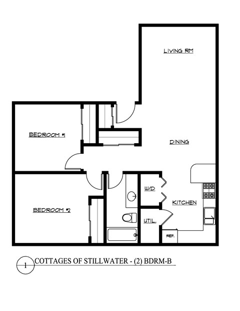 Floor plan for 2 beds, 1 bath, 869 sqft